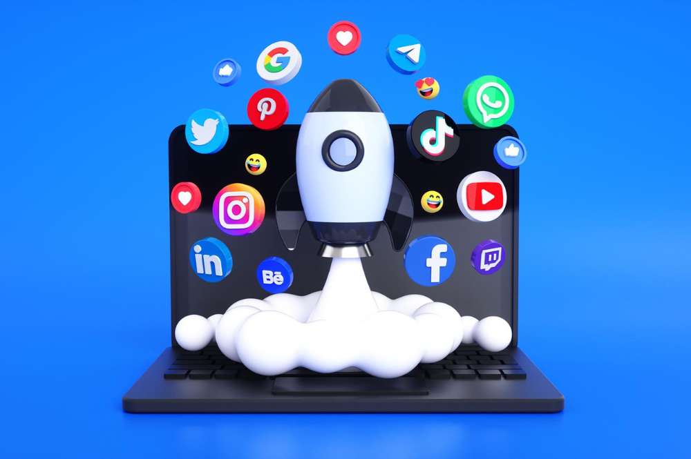 Ícones de mídia social 3D e logotipos embelezados com um foguete espacial, ideal para fundos de estratégias de marketing digital e social, ilustrando o rápido crescimento e alcance dinâmico dessas plataformas