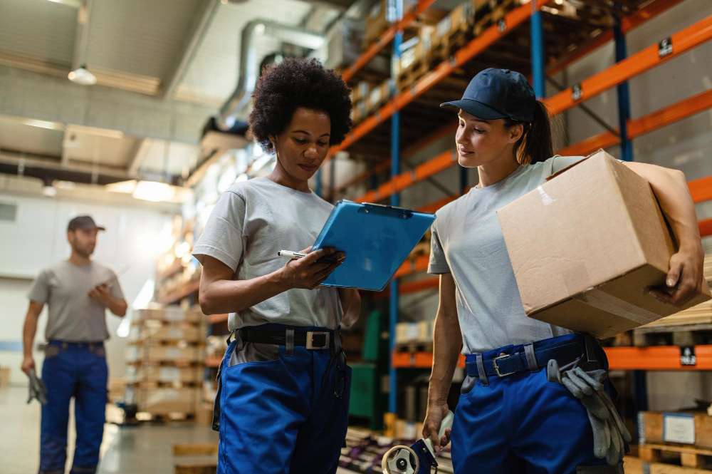 a imagem retrata duas trabalhadoras concentradas na leitura da lista de programação de entregas, enquanto executam suas atividades no armazém de distribuição